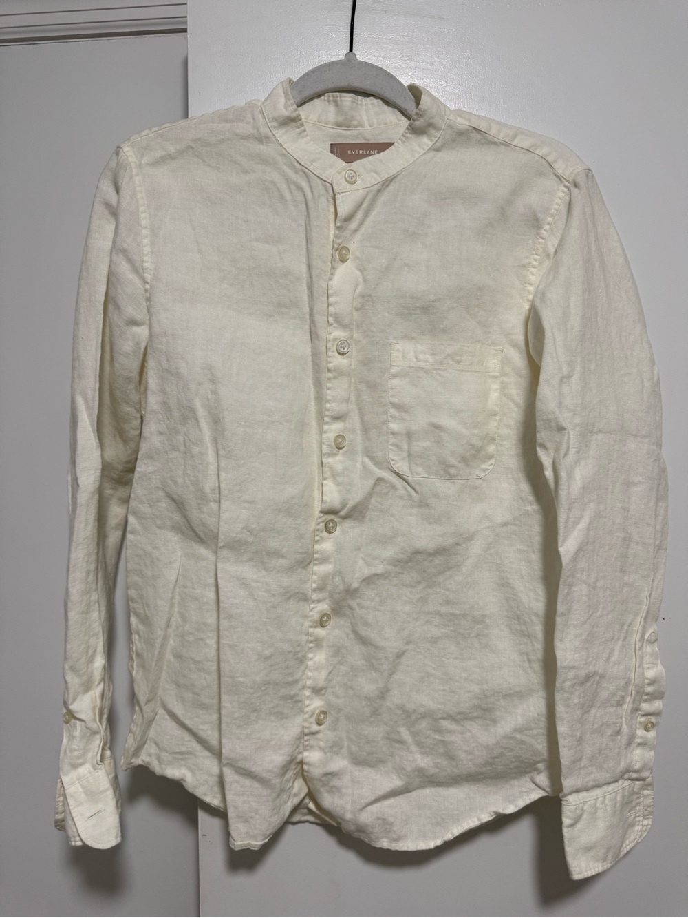 Everlane Men's Cream Grandad Collar Linen Shirt